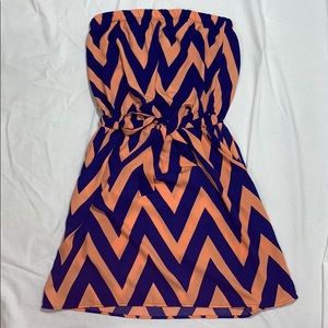 Strapless orange and blue dress